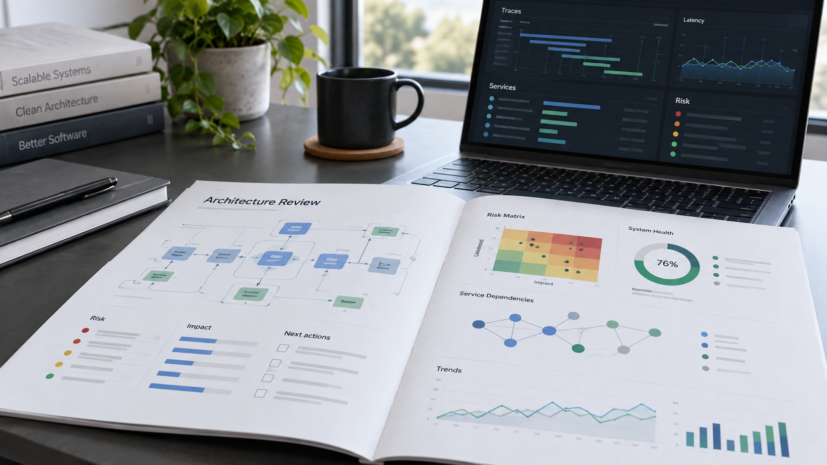 Sample architecture review report with risk matrix, system health chart, service dependencies and observability traces